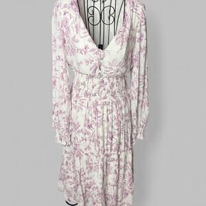 Lucy Paris Floral Smocked Midi Dress Medium M Long Sleeve Tiered V-Neck Pink